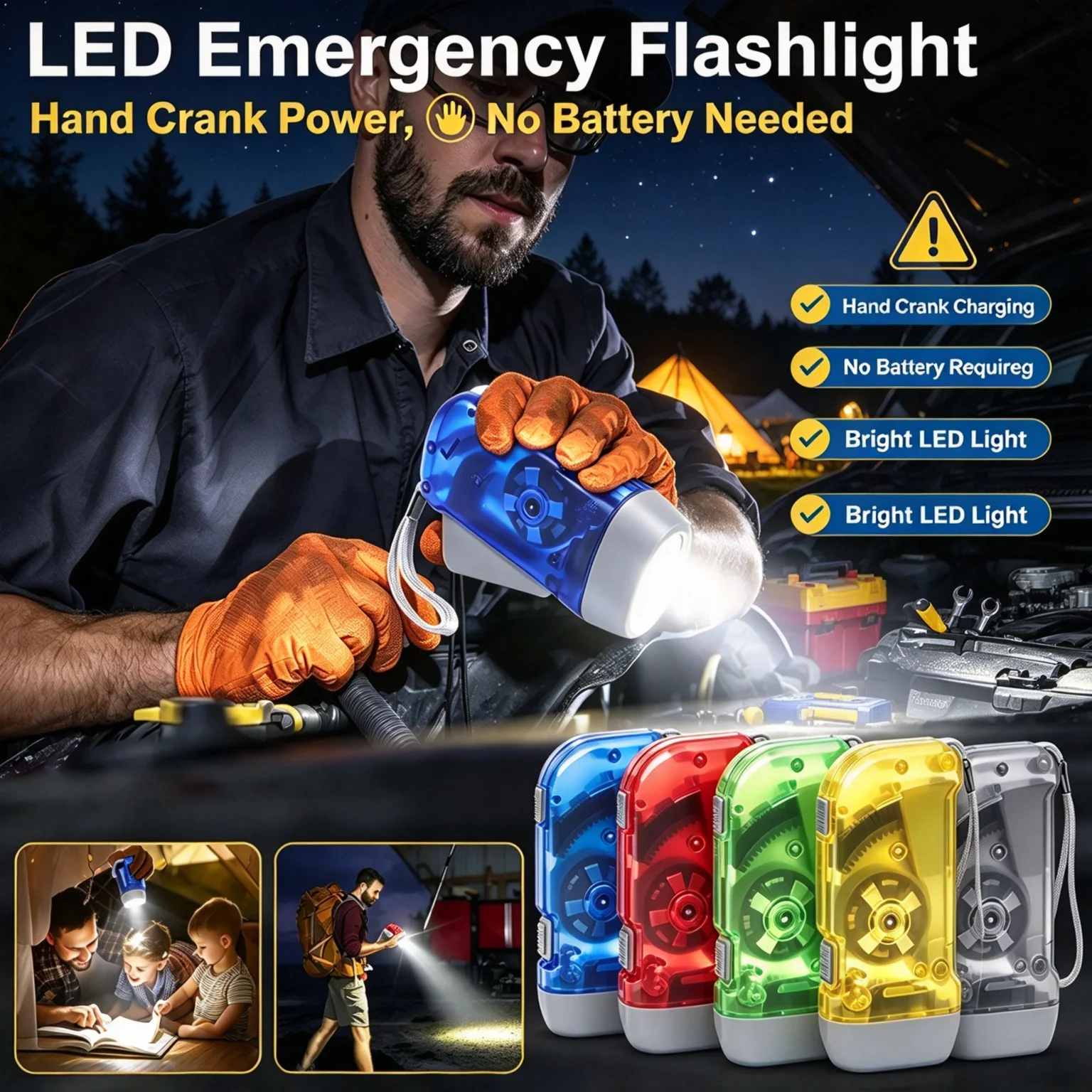 Portable Hand Press LED Flashlight, Self-Powered Dynamo Crank Wind Up Manual Power Generation Torch for Camping Riding