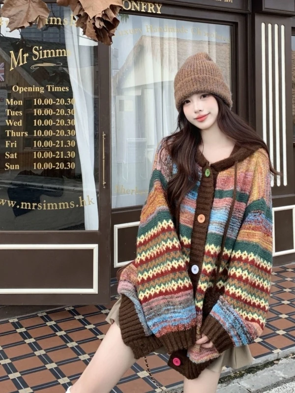 

plus Size 300 Pou Retro Color Blo Striped Hoodie Sweater Coat Women Autumn Winter Outerwear Knitted Cardigan Top