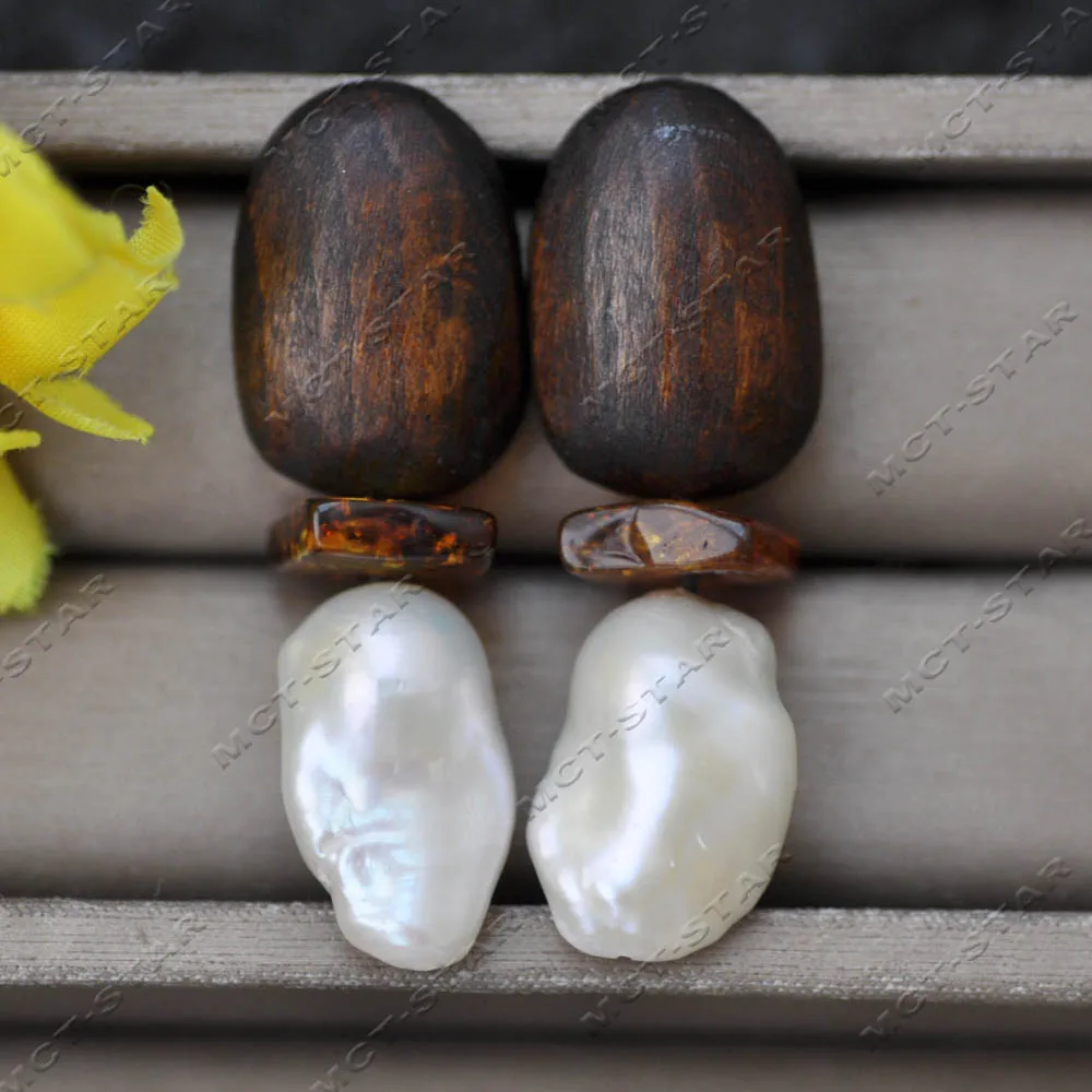 

Z14628 60mm Egg Wood White Baroque Reborn Keshi Pearl Natural Amber Dangle Earring