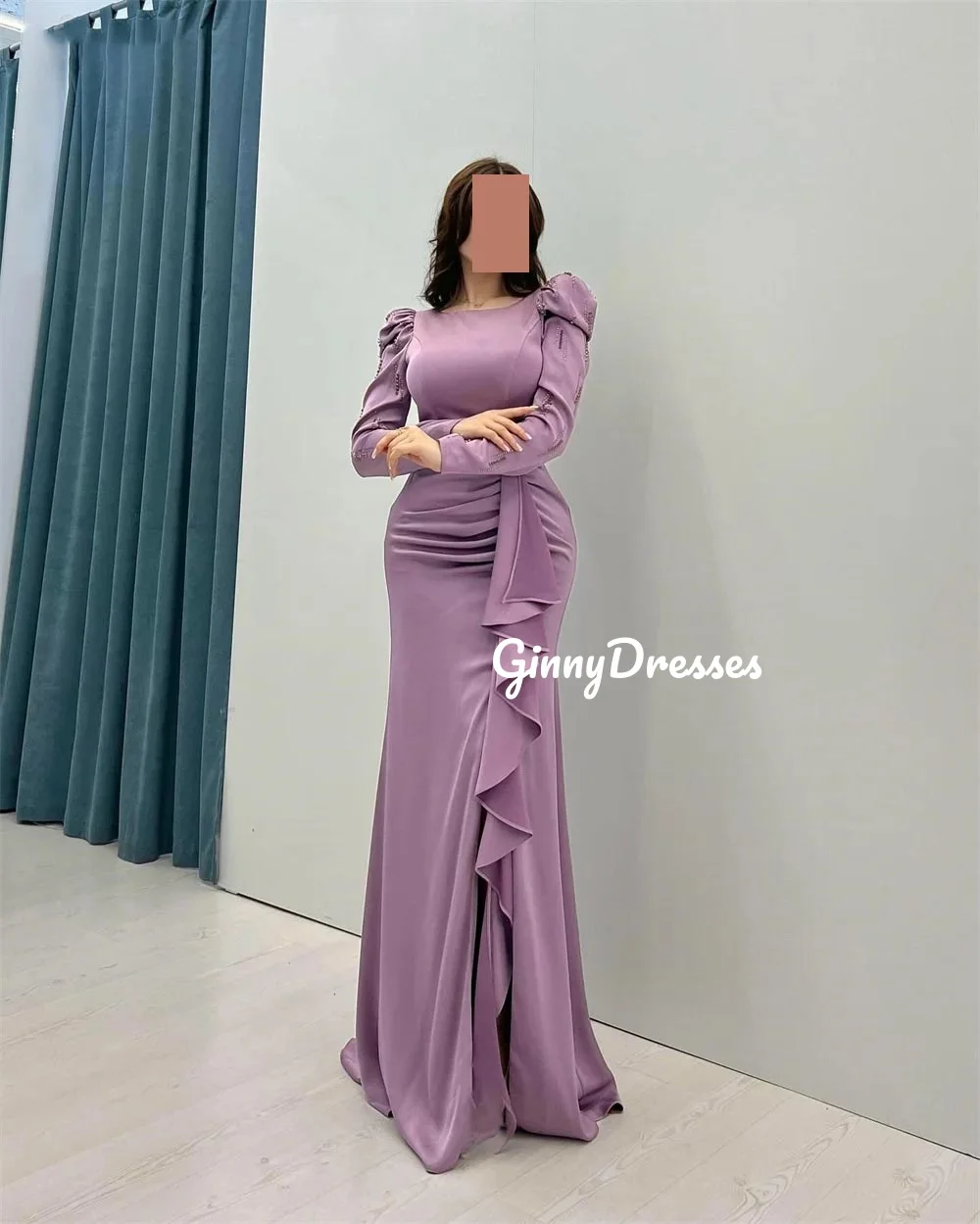 Vestidos personalizados para baile de formatura sereia decote colher até o chão plissado vestidos de noite de luxo mangas compridas vestidos de festa de casamento