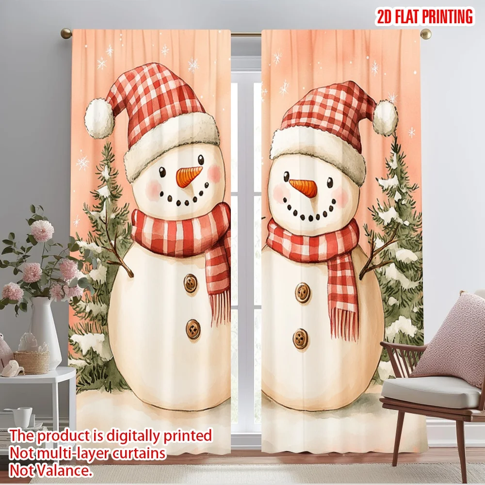 2pcs,2D plane printing Popular Curtain Panels Cute Snowmen Christmas Watercolor Versatile Durable Polyester (without rod) Gifts