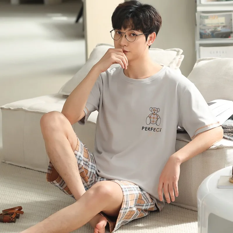 New Men's Cotton Pajama Set For Summer Casual Pijama Round Neck Short Sleeve T-Shirt With Shorts Loungewear Sleepwear Set