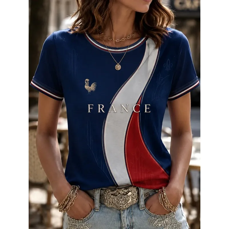 Retro 3D Print France Flag Rooster Inspired Unisex T‑Shirt Round Neck Short Sleeve Patriotic Fan Casual Sports Streetwear Tee