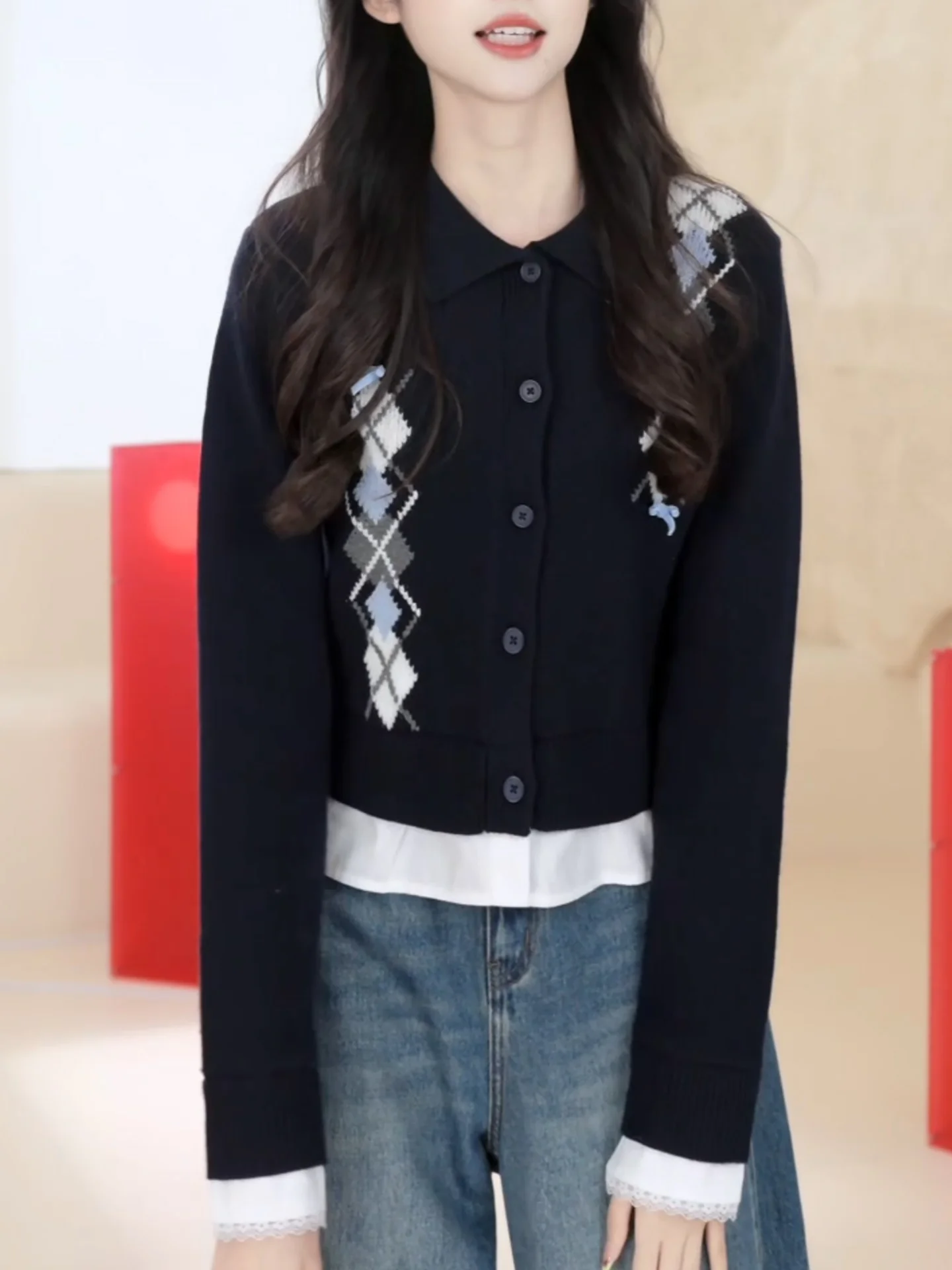 

Новый женский вязаный кардиган с круглым вырезом и ромбовидным узором в стиле ретро, большие размеры, черный, осень-зима