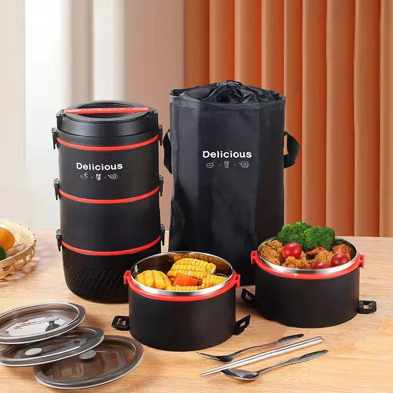 2 3 4 Layer Stainless Steel Portable Lunch Box Kids Student Office Food Container Large Black Thermal Bento Box Leakproof Set