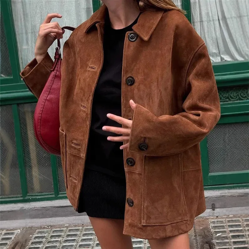 

Винтажная коричневая замшевая куртка для женщин, однобортный пиджак с отложным воротником и карманами, повседневная офисная верхняя одежда, осень
