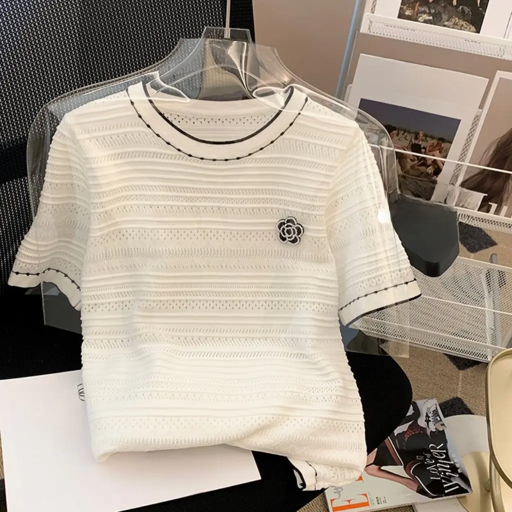 

Gejia Camellia Ice Silk Short-Sleeved T-Shirt for Women Summer Versatile Small Fragrant Knitwear Top