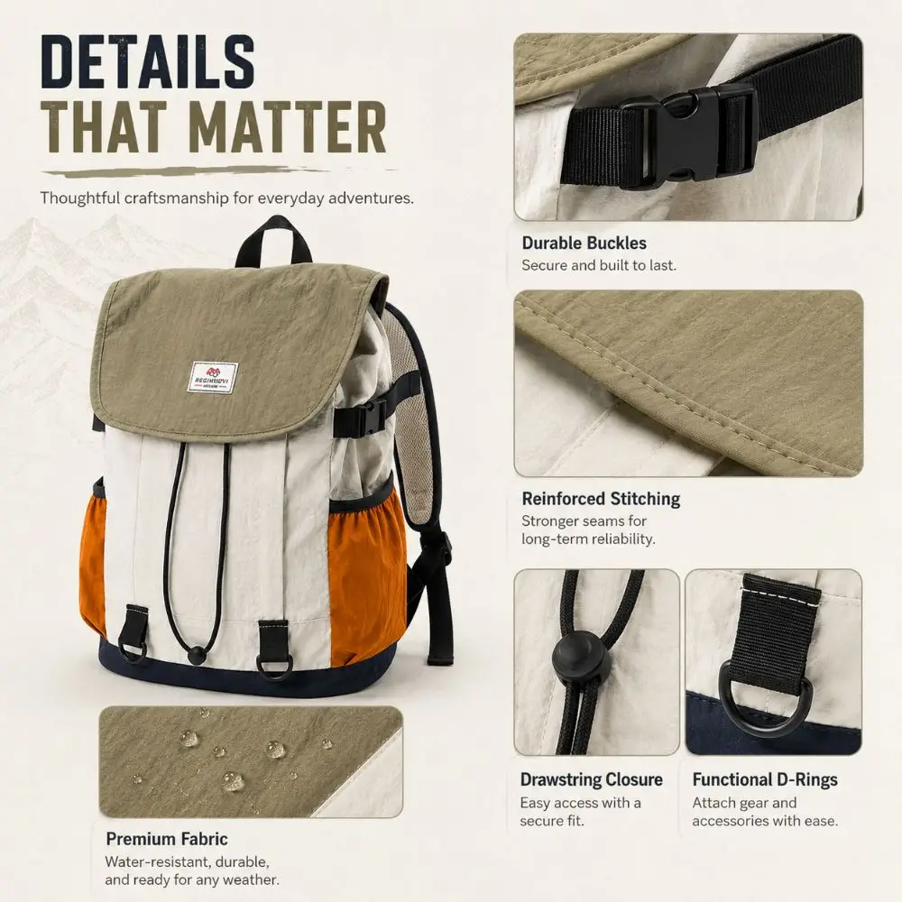 Large Capacity Camping Backpack Flap Top Adjustable Straps School Backpack Drawstring Closure Water Resistant Travel Daypack