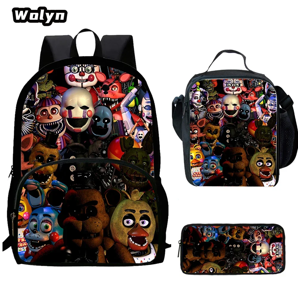 3Pcs Set Cartoon F-Five N-Nights at F-Freddys School Bag,Lunch Bag,Pencil Bag,Anime Bags for BoyGirl Suitable for 4-8 Years Old