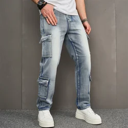 Streetwear Stylish Retro Multi pocket Men Cargo Jeans Trousers Male Good Quality Loose Solid Straight Casual Denim Pants