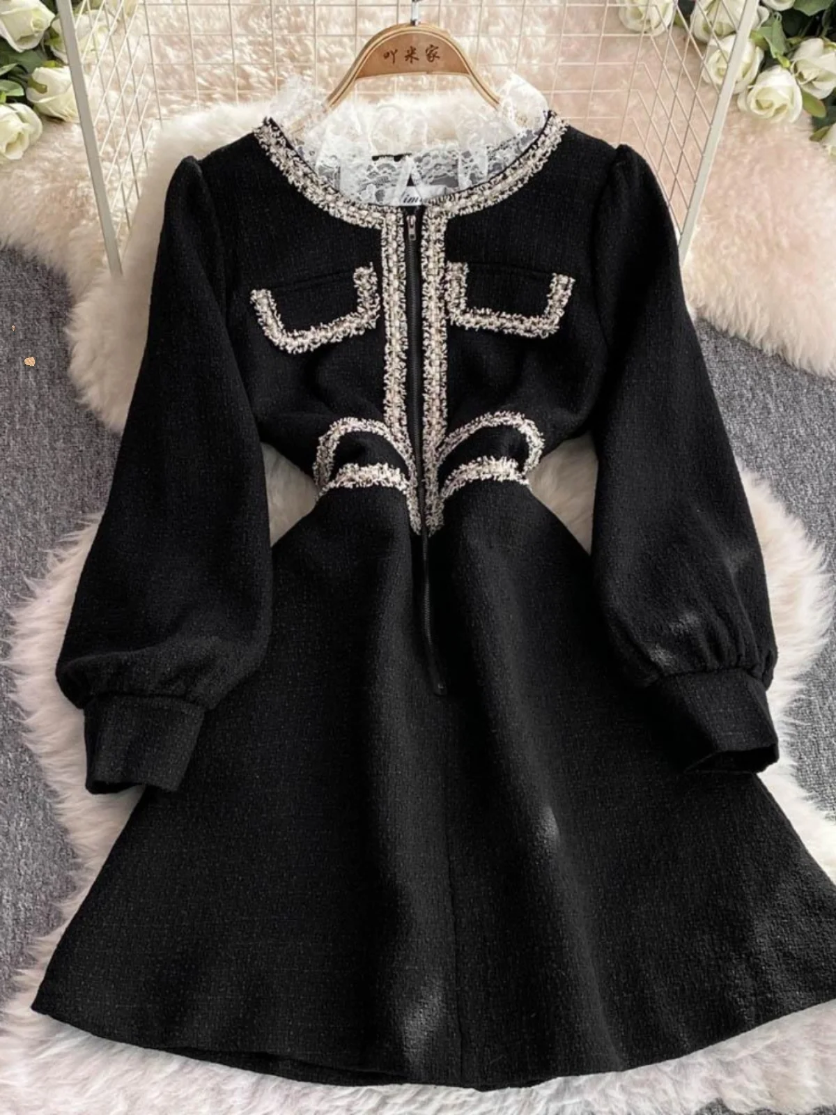 Designer Autumn Winter White Lace Collar Black Tweed Short Dress Women Long Sleeve Zipper Straps Sundress Prom Party Vestidos