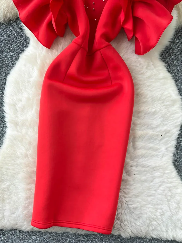 ثوب مسائي أحمر نسائي فاخر مجوف من Sve الخصر Cinched بقصة ضيقة وخصر عالٍ على شكل حرف a Dr Korean Sle