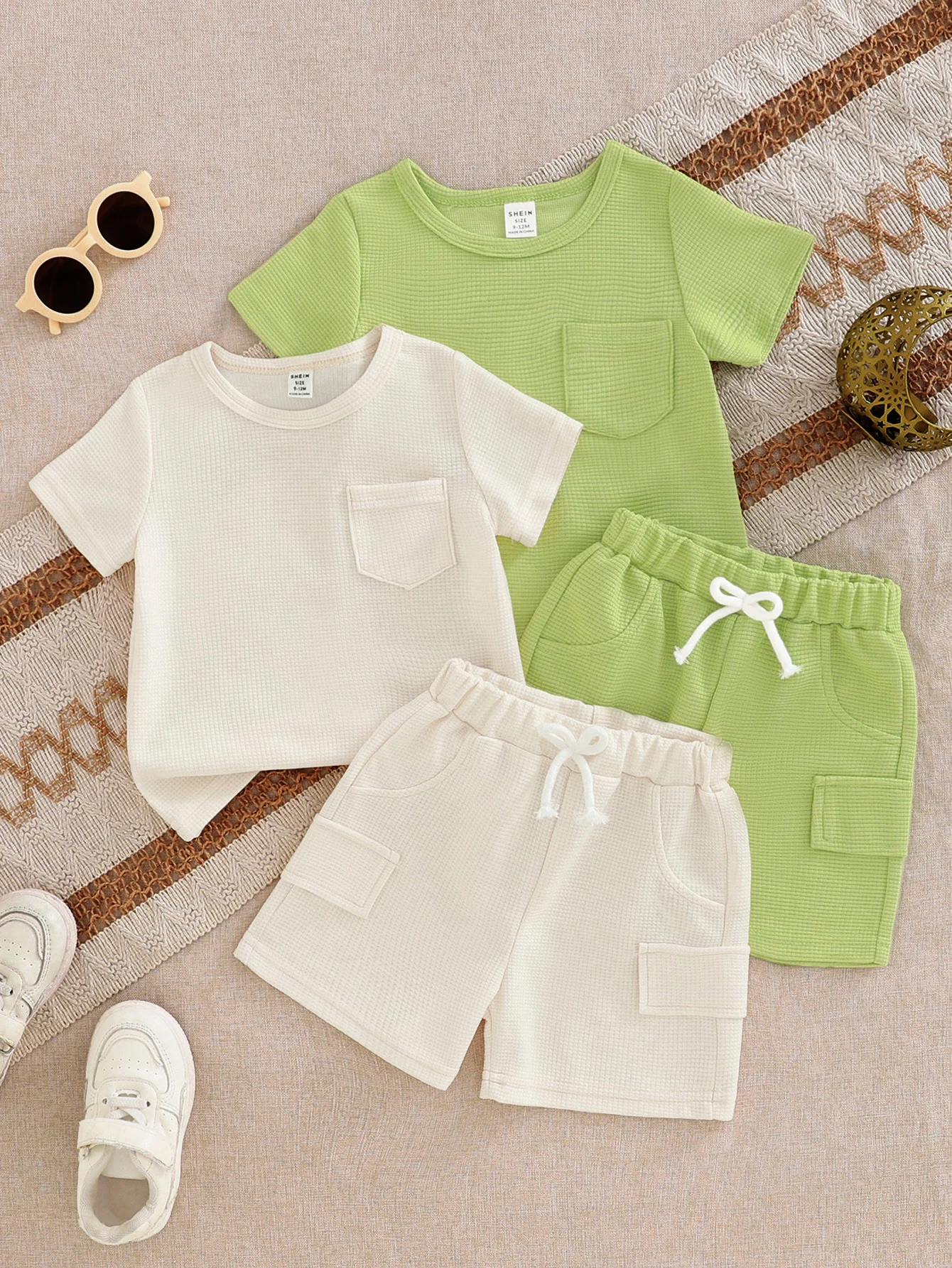 

Summer Baby Boy Waffger Breathable Casual Short Sleeve And Shorts Set Outdoor Sports Comfortable 4-Piece Set