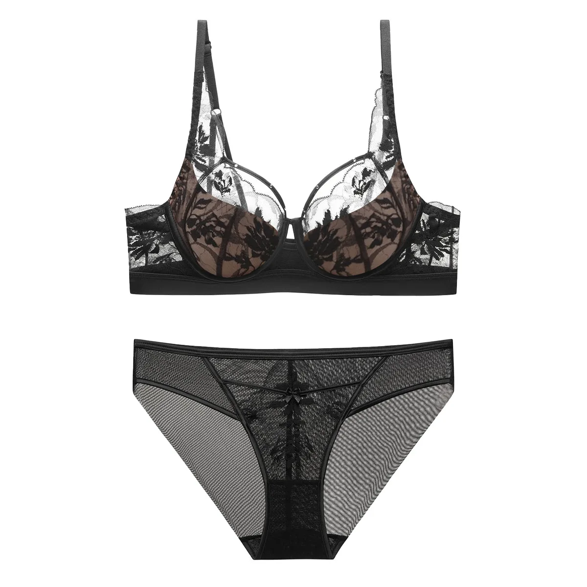 

Женский сексуальный комплект белья с кружевом и цветочной вышивкой, тонкое нижнее белье, элегантный комплект бюстгальтера и трусиков.