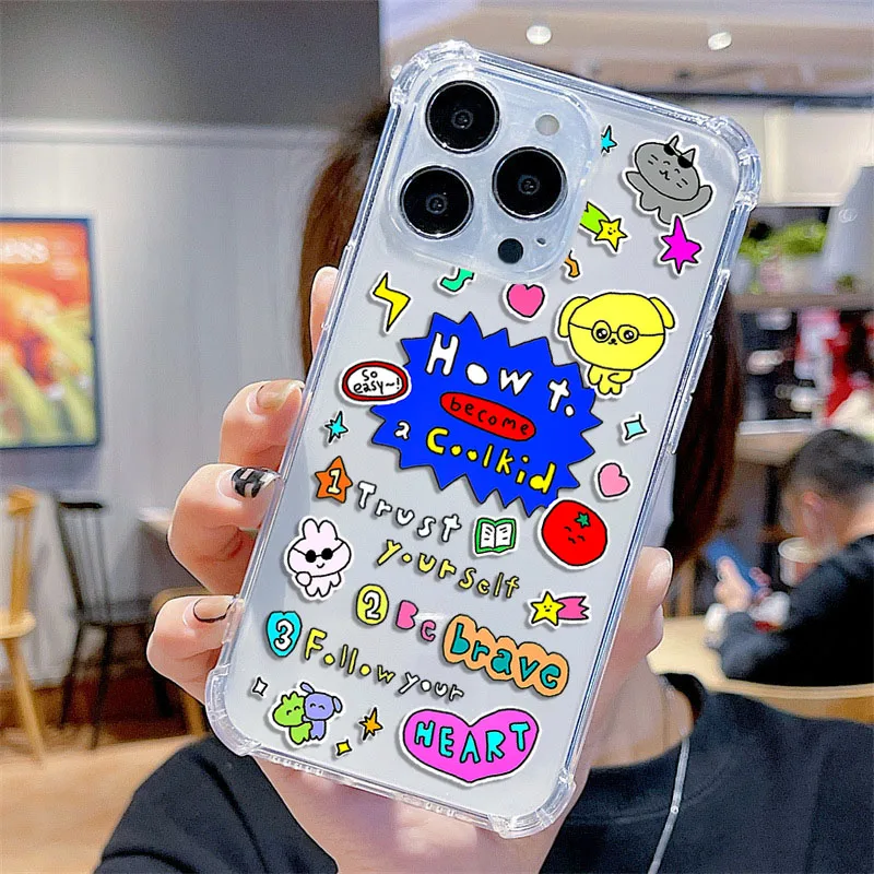 Cute Bear Sticker Phone Case For iPhone 16 15 14 Plus 13 Pro 12 ProMax 11 XSMax XR XS X Colorful Print Soft TPU Back Cover
