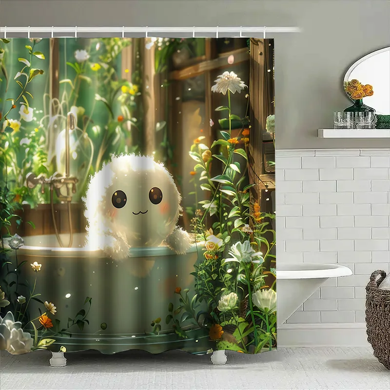 Adorable Cute Creature Shower Curtain for Bathroom - Soft and Plush Design with Floral Background Waterproof  Durable Easy-Clean