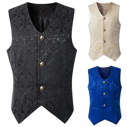 Imagen 2 del producto Chaleco Steampunk renacentista para hombre, chaleco gótico de Jacquard, vestido Formal de negocios con una hilera de botones, chaleco para traje 2024