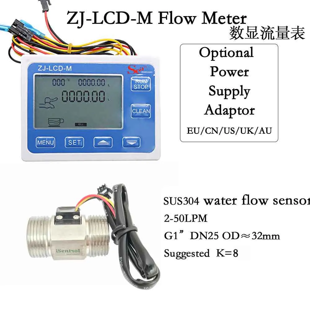 zj lcd m medidor de fluxo de agua digital com sensor fino unidade leitor de fluxo de agua isentrol dijiang sus304 g1 uss hs10ta 250l min 01