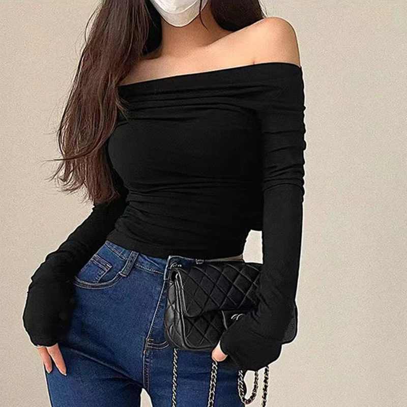 Chic Women Sexy Off Shoulder T-shirt Winter Long Sleeve Slim Fit Crop Top Y2K Vintage Harajuku Black Tees Elegant Female Clothes