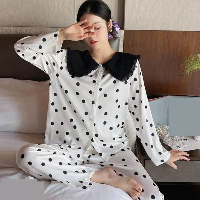 

Two Piece Pajamas Set Spring Silky Satin Nightwear Suit Elegant Women Pijamas Lingerie Lapel Long Sleeve Sleepwear Home Clothes