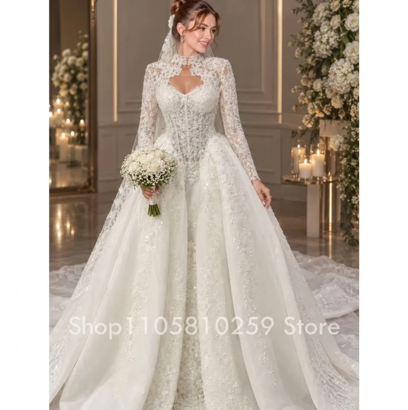 Exquisite High Collar Wedding Dresses Bridal Gowns Long Sleeves Beading Graceful Ball Gown Lace robe de mariée Customized