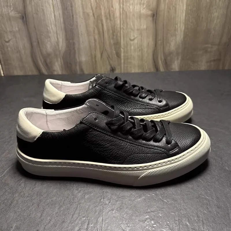 QHCCID Men Genuine Leather Round Head Lacing Flat Sneakers Solid Simple Versatile Basic Shoe Casual Male Chic