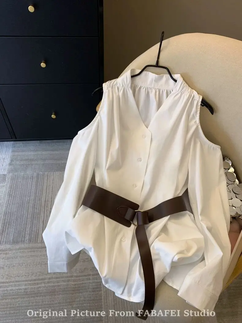 

Gagarich Maillard Hot Girl Style Off Shoulder Shirt Women's Autumn Design Style Strap Waist Shirt French Long Sleeve Top