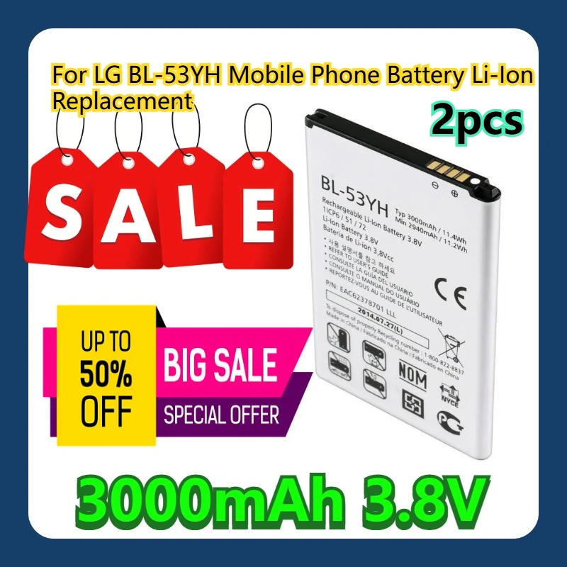 

2pcs For LG BL-53YH Mobile Phone Battery 3000mAh 3.8V Li-Ion Replacement