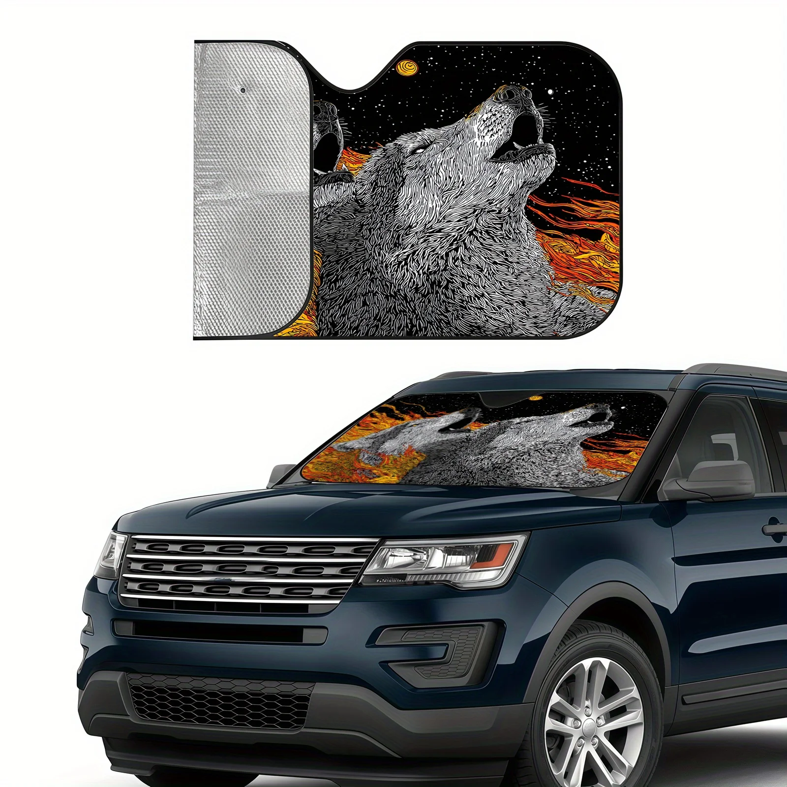 Twin Wolves Howling At The Moon Line Drawing Sunshade, Cool Wild Starry Sky Aesthetic, Easy Installation And Durable, Includes 4