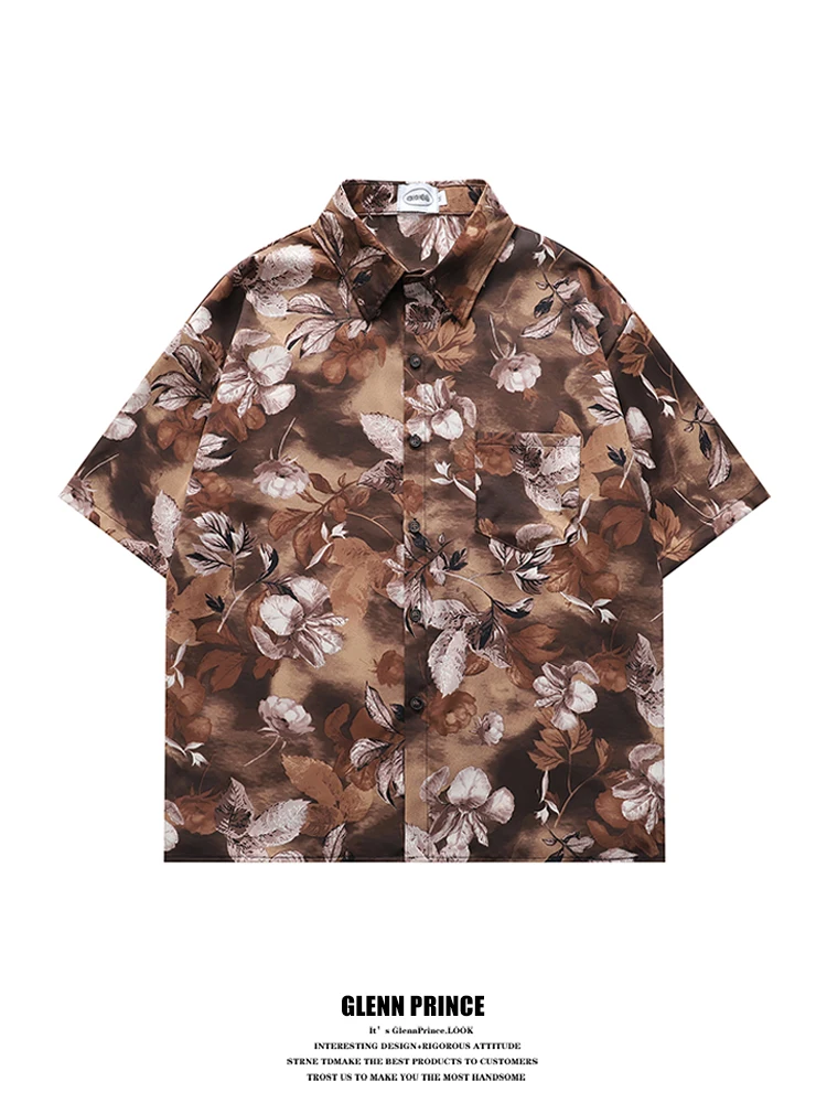 

GPstudio Thai Sle Retro Floral Print ort Sve Ice Silk Beach irt Men's Summer Lazy Casual Loose Fit Polyester Fiber