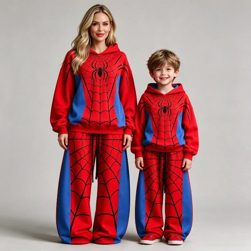 26/27 Unisex Autumn Winter American Y2K Streetwear Spider Web Hoodie + Wide Leg Pants 2 Piece Sweat Suit Couple Family Matching