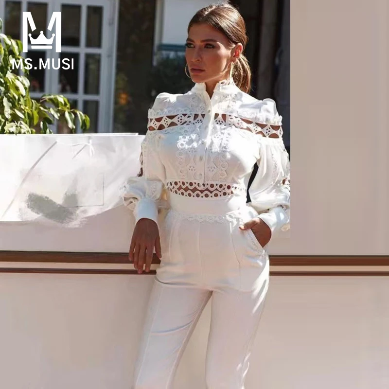 

MSMUSI 2024 New Fashion Women Sexy Hollow Out Lace Two Piece Set Bodycon Party Long Sleeve Button Top Flared Long Pant Set Suit