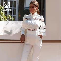 MSMUSI 2024 New Fashion Women Sexy Hollow Out Lace Two Piece Set Bodycon Party Long Sleeve Button Top Flared Long Pant Set Suit