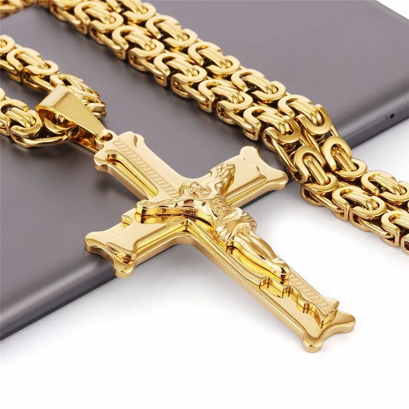 RAKOL Cross Jesus Crucifixion Necklace For Men Women Gold Silver Black Color Stainless Steel Byzanine Chain Crucifix Pendant