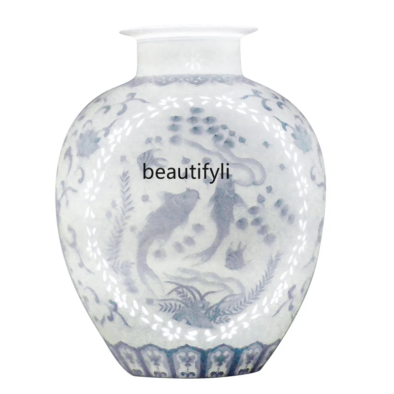 

Jingdezhen Ceramic Vase Decoration Living Room Flower Arrangement Fake Antique Blue and White Exquisite Decorations