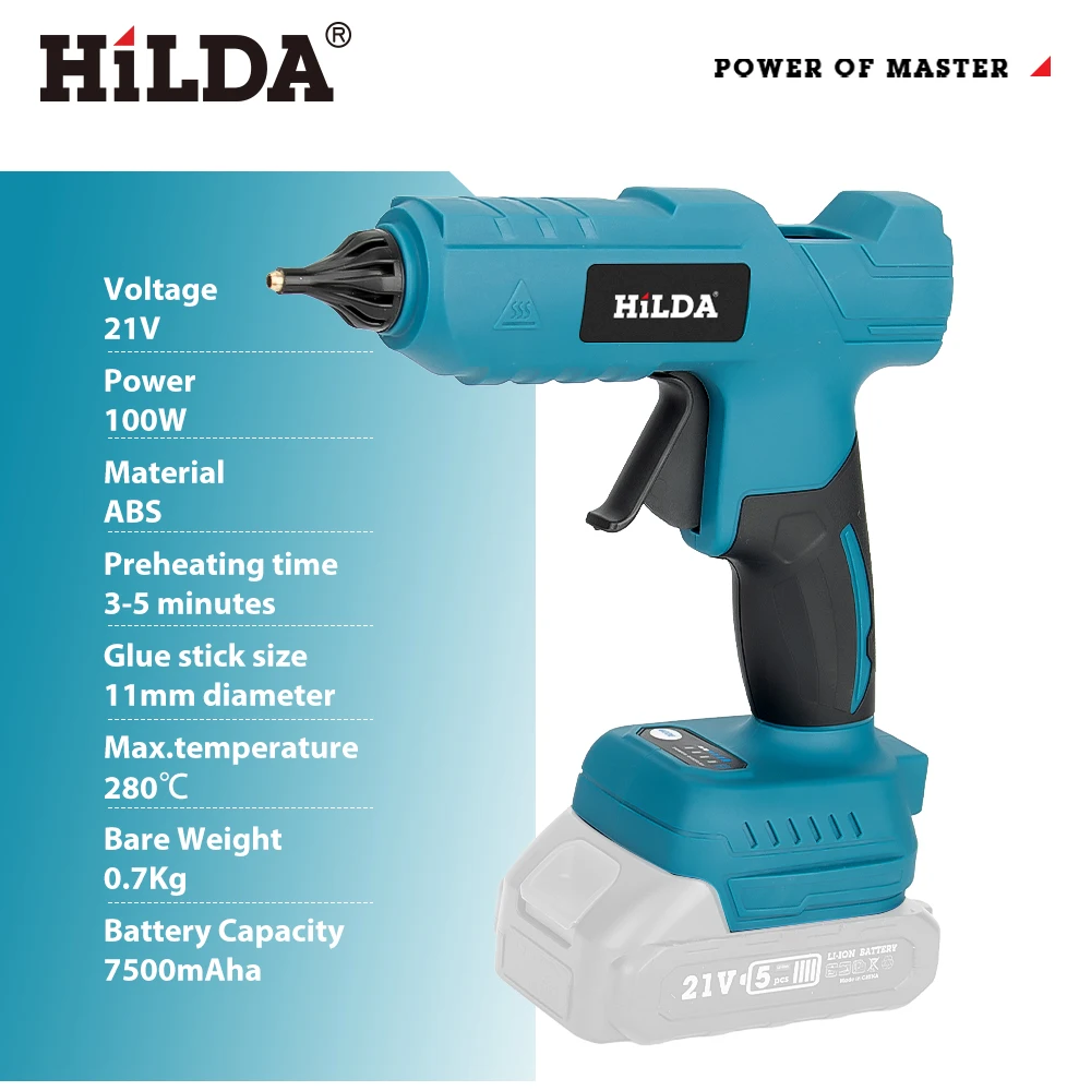 HILDA Electric Hot Melt Glue Gun with Precision Nozzle 11 mm Glue Stick and Enhanced Safety Cordless Glue Fit Makita 18V Battery
