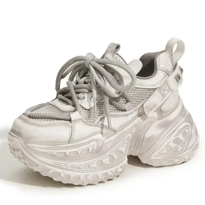 

10cm High Platform Sneakers for Women Mesh Breathable Leather Ankle Boot Chunky Designer Casual Shoes for Women Zapatos De Mujer