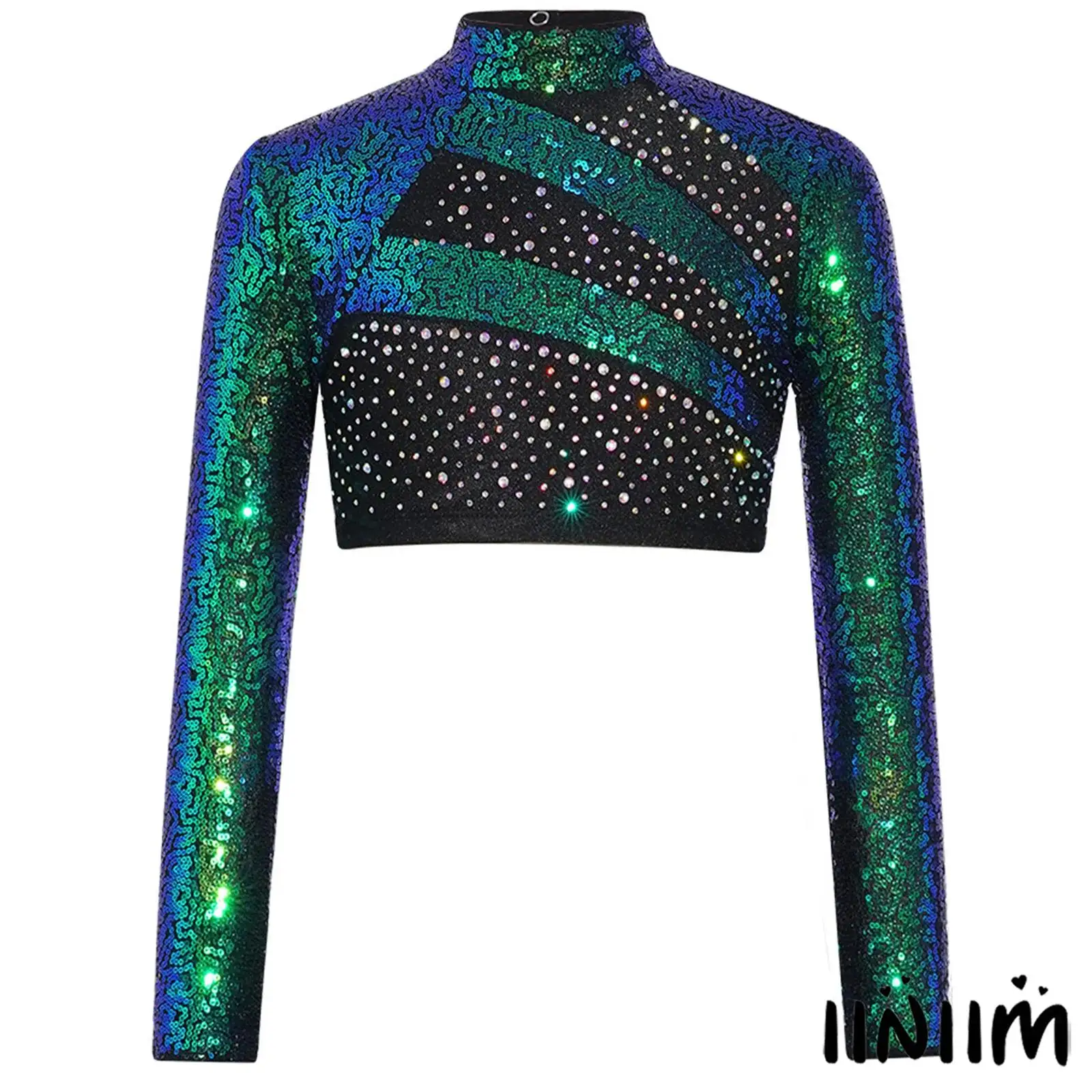 

Kids Girls Jazz Hip-hop Dance Crop Top Mock Neck Long Sleeve Sequin Rhinestones Cutout Back Tops for Gymnastics Performance