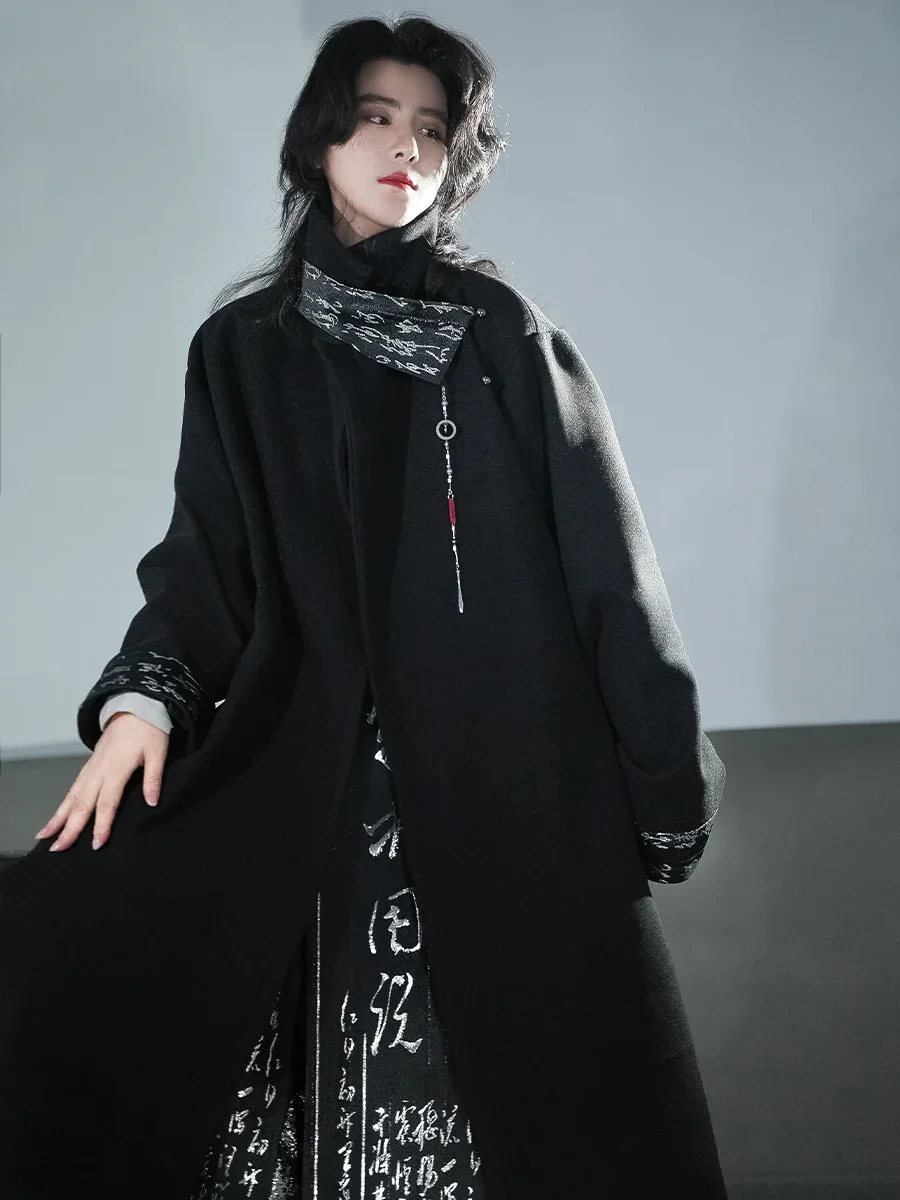 2025 HOT Chinese woolen coat black woven silver men's and women's commuting horse face skirt jacket CHINESE HANFU EXCLUSIVE COAT