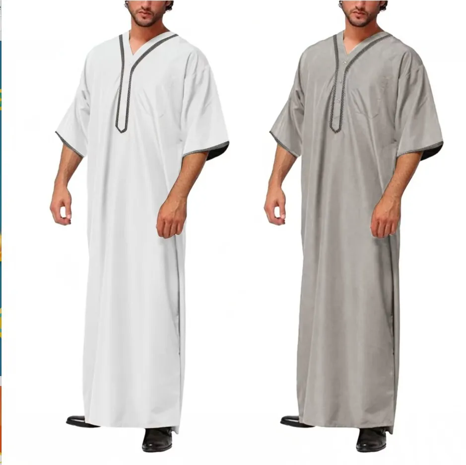 Men Vintage Short Sleeve Robes Round Neck Muslim Arabic Islamic Kaftan Summer 2024 Solid Saudi Dubai Arab Button Pocket Robe