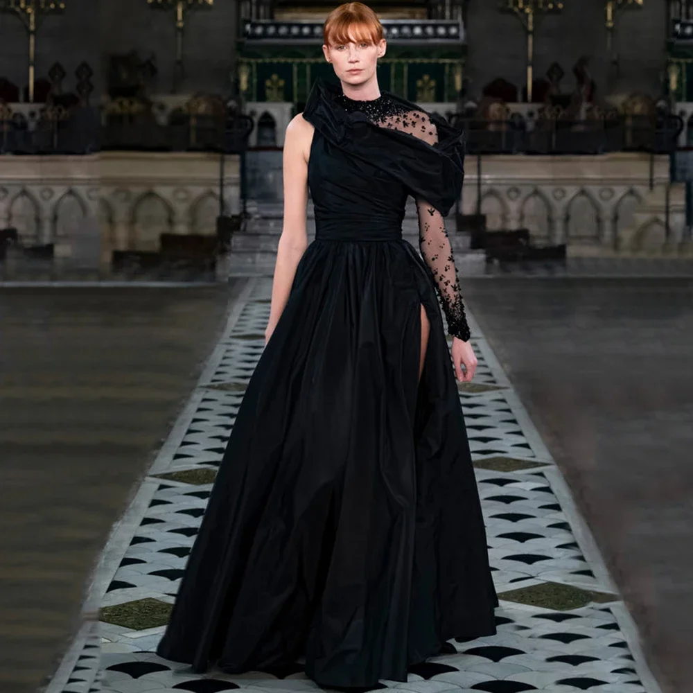 블랙 O넥 원숄더 이브닝 드레스 롱 슬리브 플리츠 A라인 플로어 기장 사이드 슬릿 여성 시크 파티 프롬 아플리케 가운