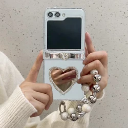 Luxury Diamond Bow Tie Bead Bracelet Case For Moto RAZR 40 50 60 Ultra Razr Plus 2023 2024 2025 Love Mirror Clear Hinge Cover