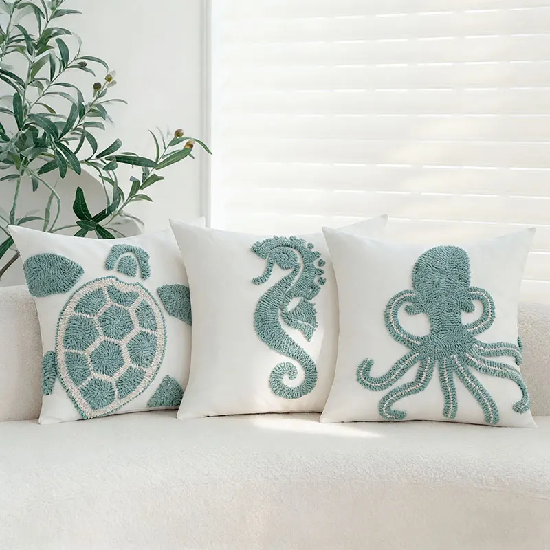 Image of Getuftete Kissenbezüge mit Meerestier-Motiv, 45,7 x 45,7 cm, dekorative Kissenbezüge aus Segeltuch für Couch, Sofa, Bett, Wohnzimmer, Heimdekoration