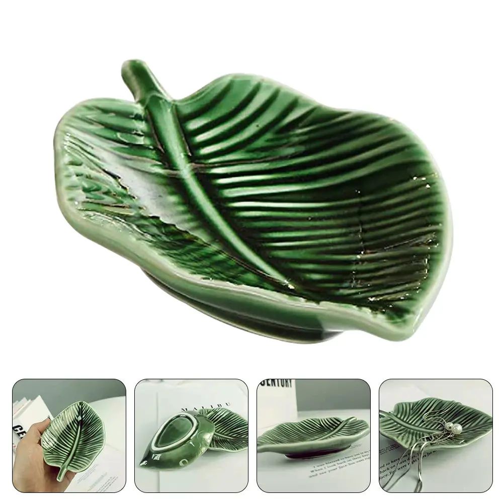 

Green Leaf Tray Ceramic Jewelry Holder for Rings Watches Earrings Multi-Function Desktop Trinket Storage Decorative Nordic Ring