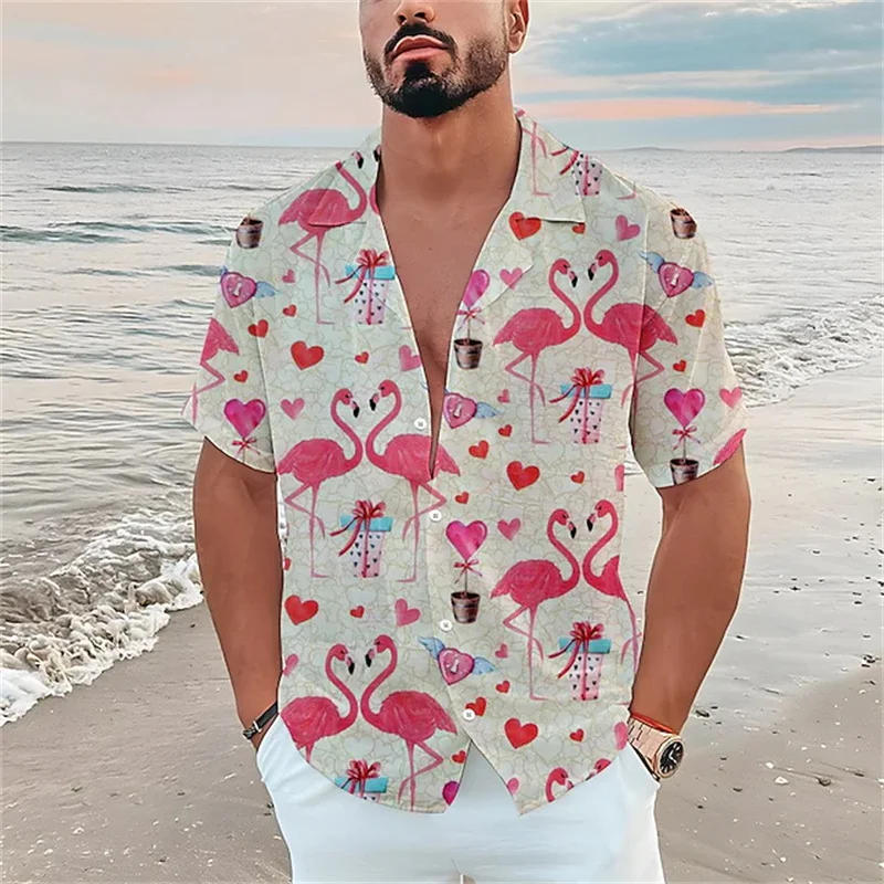 Letnia koszula Hawajska koszula dla mężczyzn Wakacje na plaży Top z krótkim rękawem Casualowa bluzka męska 3d Print The Flamingo Pattern Męskie topy