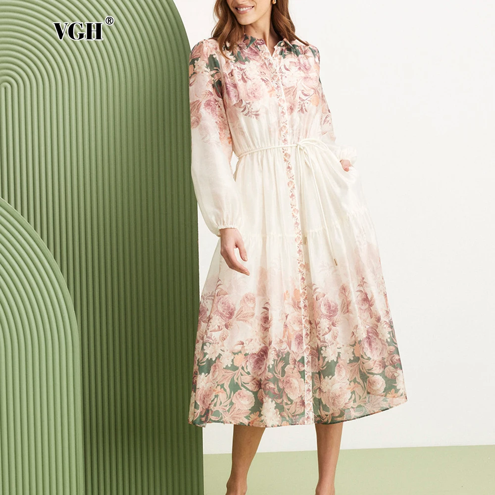 VGH Floral Printing Long Dresses For Women Lapel Lantern Sleeve High Waist Spliced Lace Up Elegant Dress Female Fashion Style