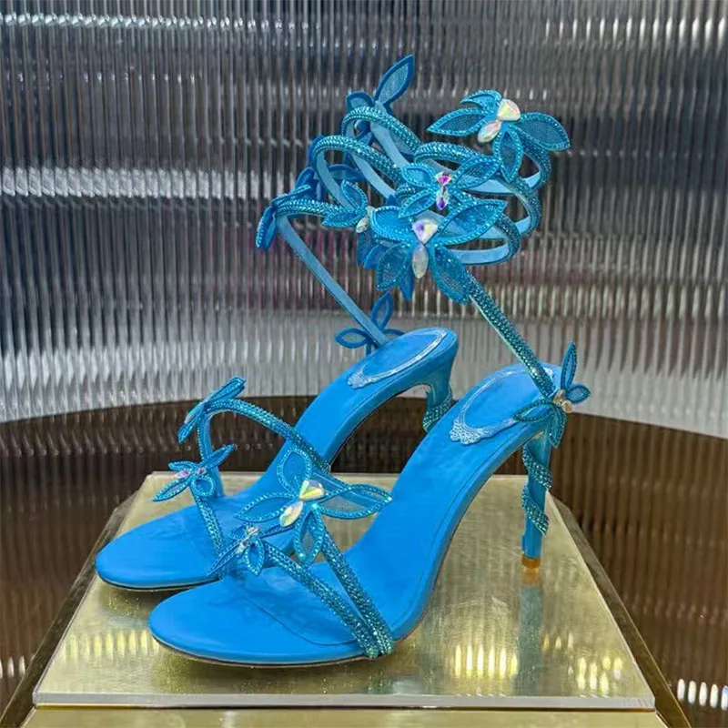 الصيف صنادل كعب عالٍ للنساء حجر الراين فراشة الأفعى خيوط حول الكاحل حزام أحذية الحفلات امرأة الكعب الصنادل امرأة #1