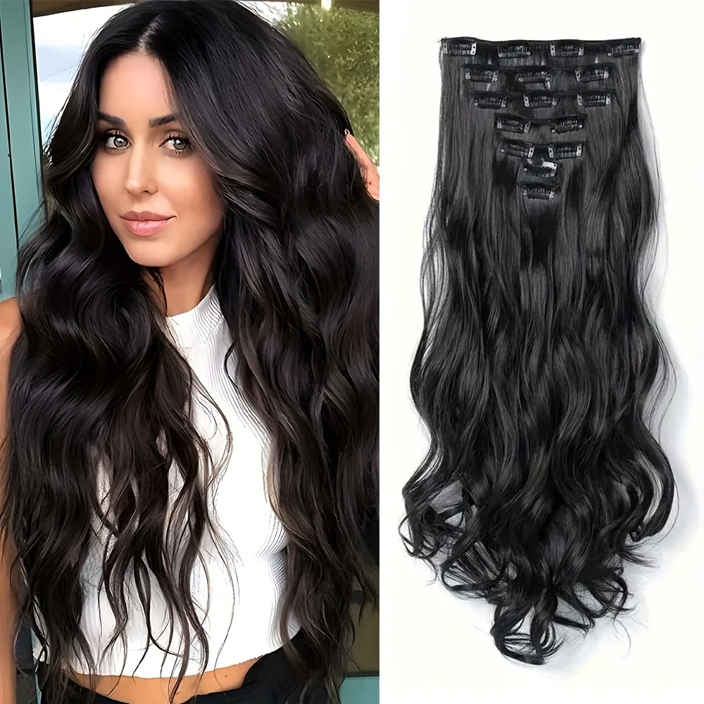 7pcs 24inch Wavy Clip-In Hair Extensions Set for Women - High-Quality Synthetic Fiber , Ponytail Hair Extensions