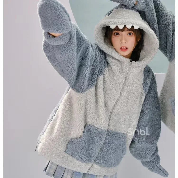 2023 Kawaii Shark Shape Hoodie for Women Cute and Funny Coat Korean Fashion Loose All-match Oversized Thicken Hoodie