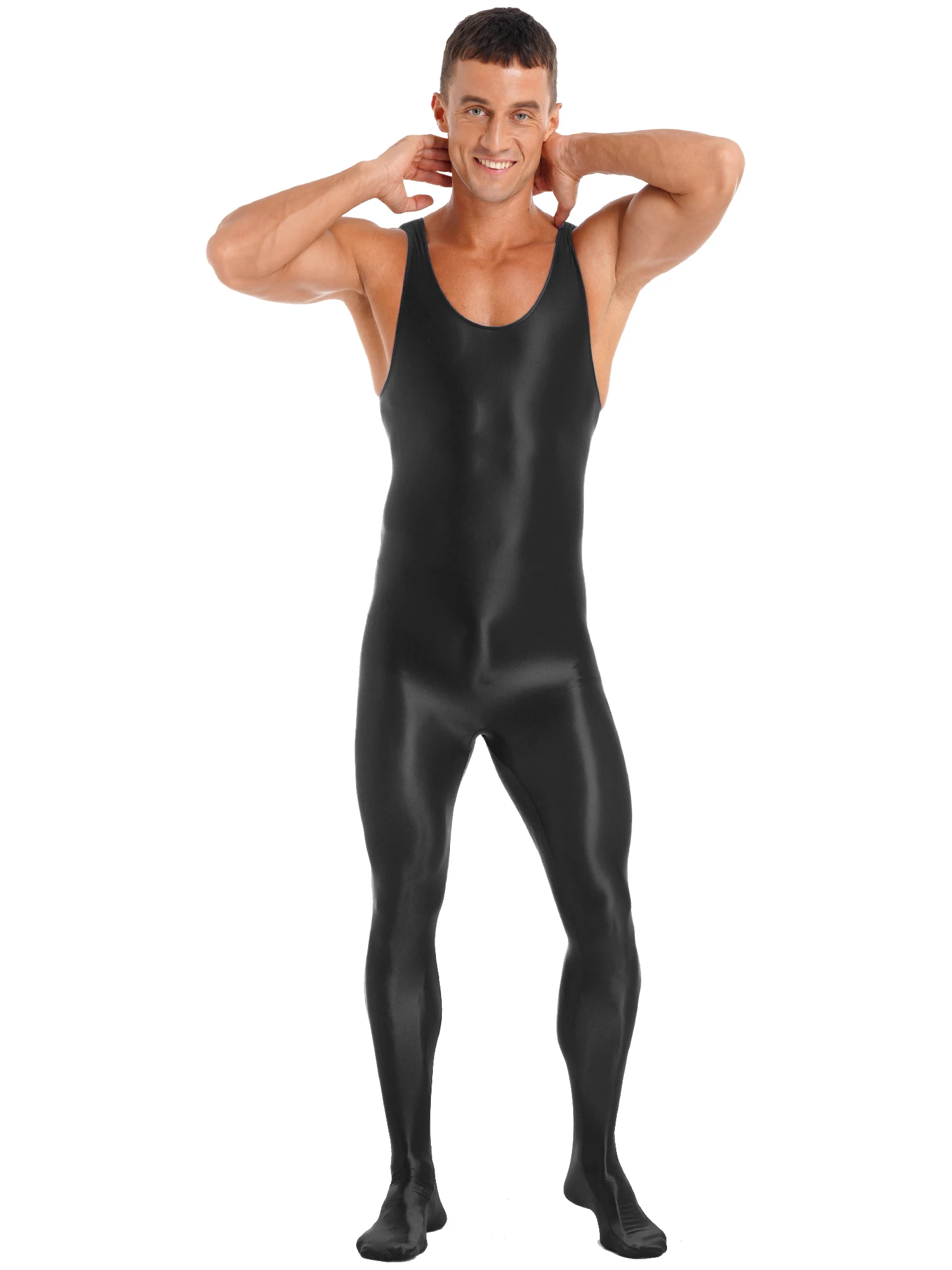 

Mens Full Body Bodysuit Fitness Soft Sleeveless Solid Color Round Neck Bodystocking Breathable Nightwear Dance Clubwear